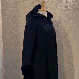 Preston & York Sz 16 Long 100% Wool Velvet Trim Black Hooded l Coat Womens